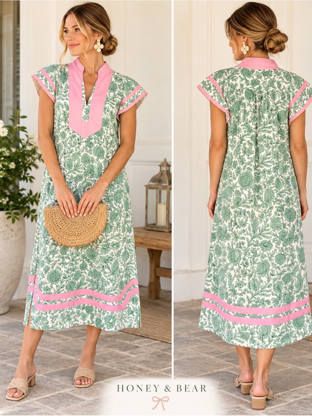 Entro Pink & Green Botanical Floral Midi Dress Size Large